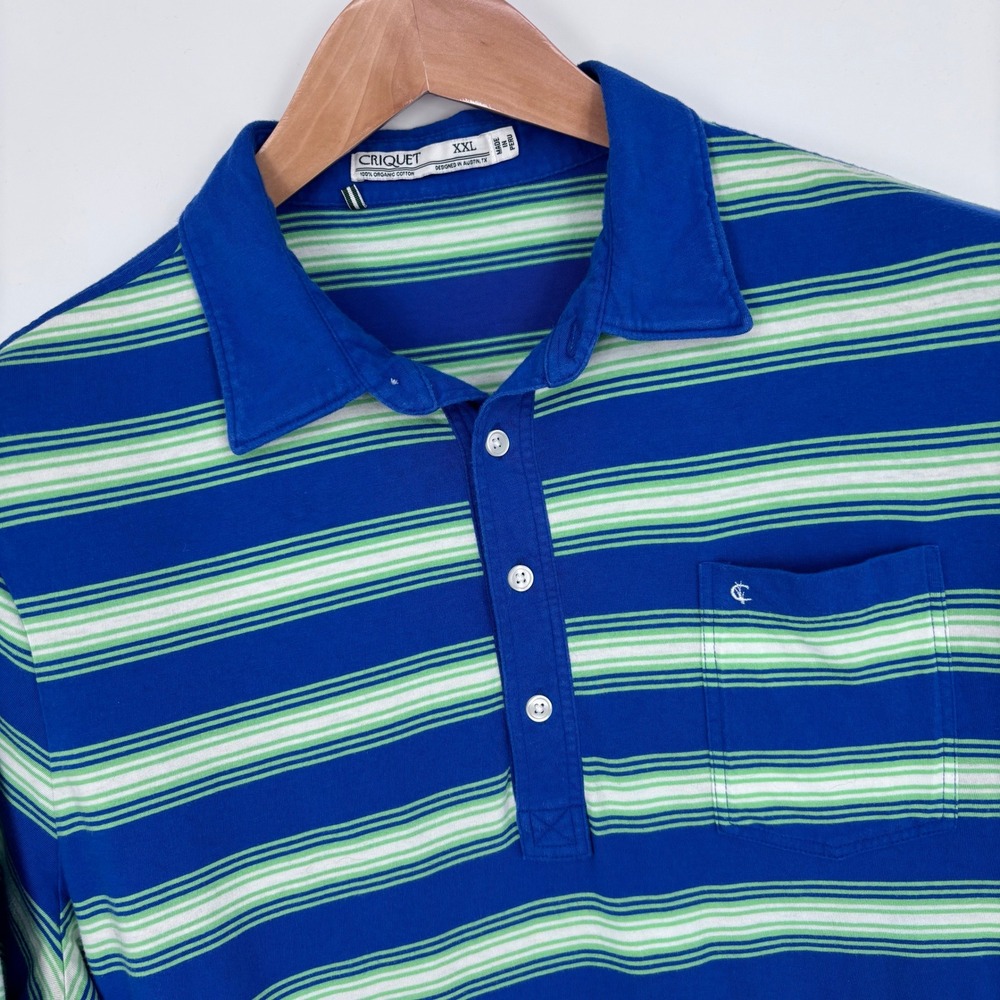 Criquet Players Polo Shirt Mens XXL Blue Green Striped Organic Cotton Pocket